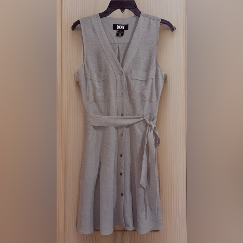 DKNY Sleeveless Midi Shirt Dress in Light Gray